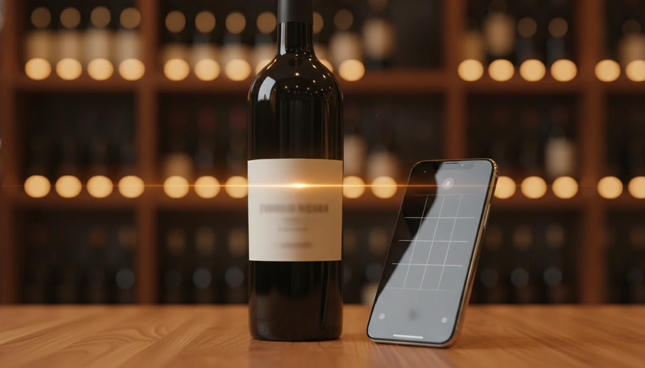 A smartphone scans an unreadable wine bottle label on a warmly lit table.