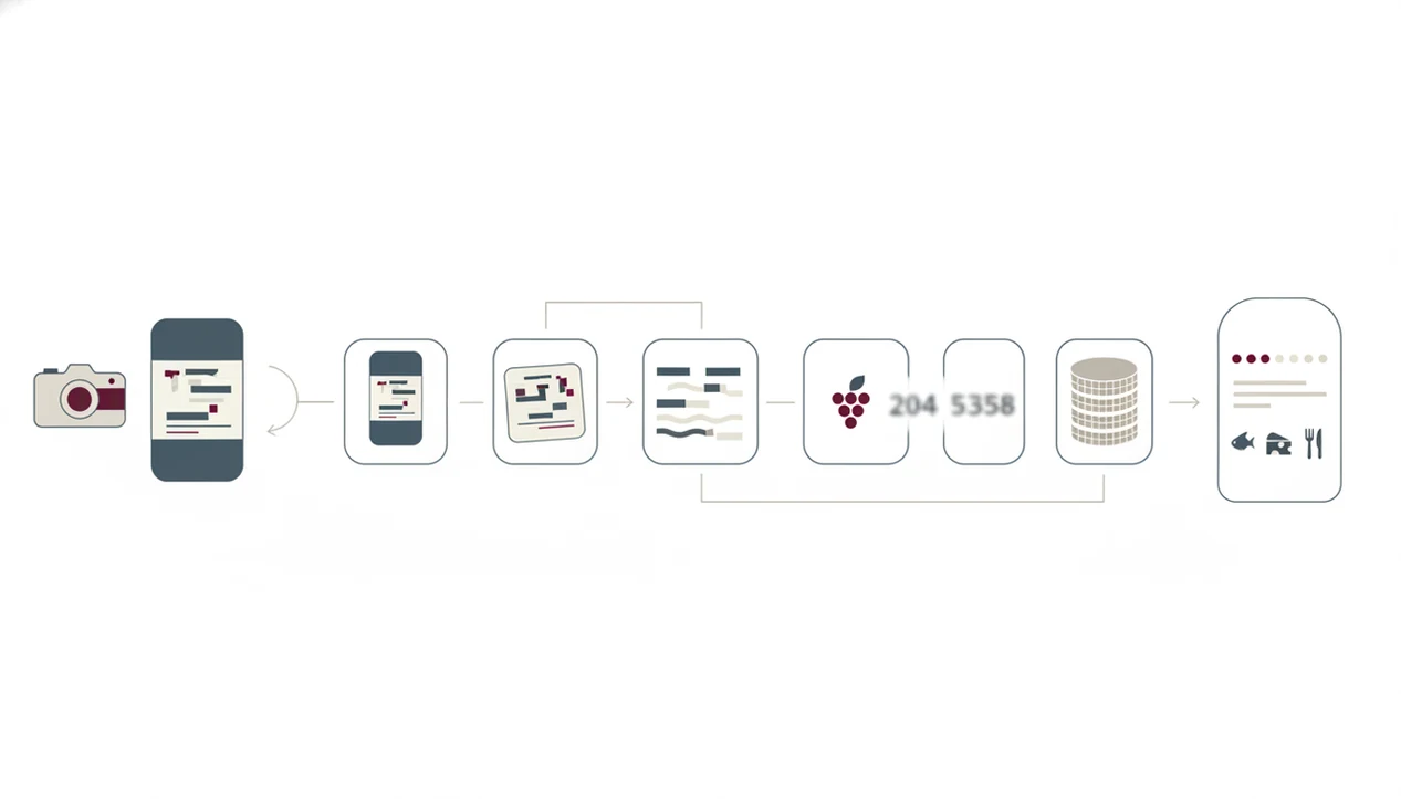 A text-free diagram shows a wine label image moving through OCR, matching, and result stages.
