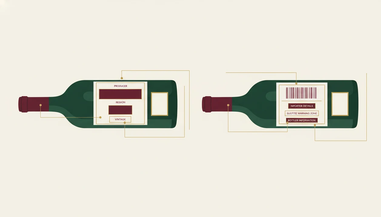 An illustrated pair of wine bottles compares the visual zones on front and back labels.