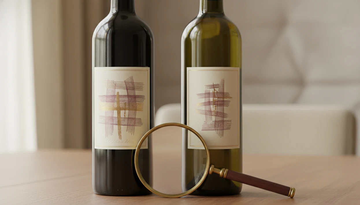 A wine bottle with blank front and back labels rests beside cellar notes and a corkscrew.