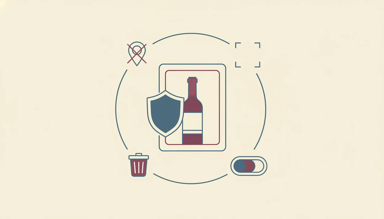 A simple privacy illustration shows a protected wine photo with location, crop, delete, and permission controls.