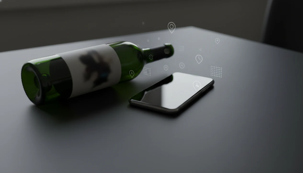 A blurred wine bottle label and phone suggest hidden metadata in wine app photos.