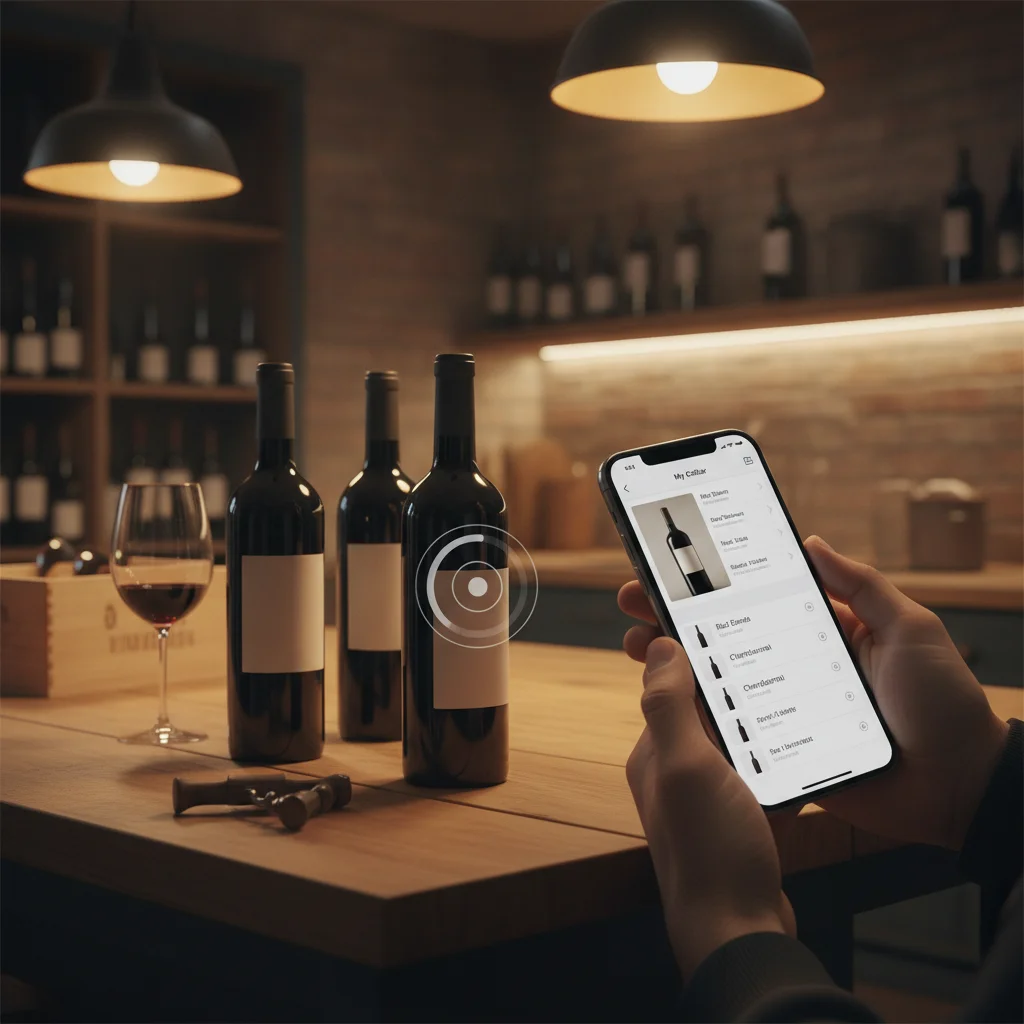 Wine app scanning a bottle label and organizing wines on an iPhone