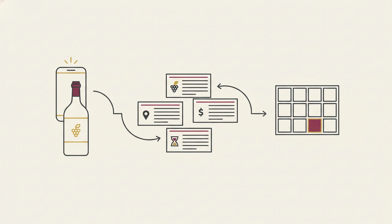 A simple diagram shows a bottle scan becoming data cards and a mapped cellar location.