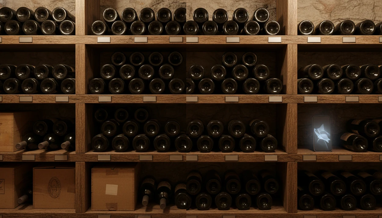 A messy wine rack contrasts with an organized cellar and a phone used for bottle tracking.