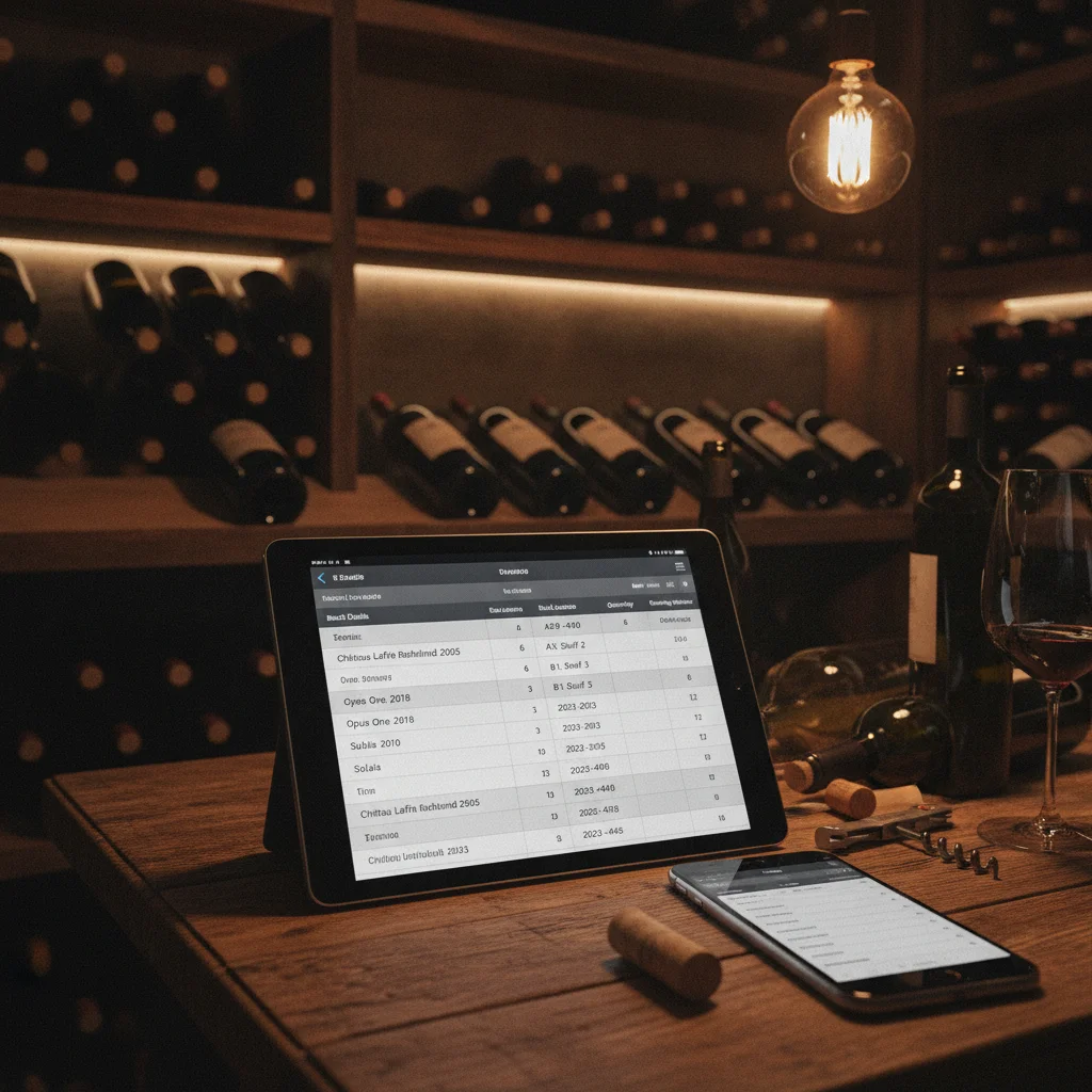Wine cellar inventory template showing bottle details, rack locations, quantities, and drinking windows