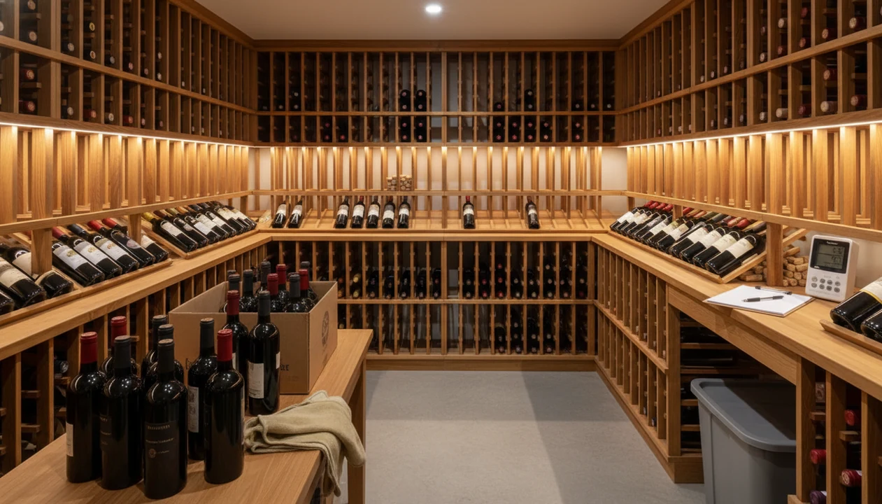 A wine cellar work table sits before organized racks, ready for climate checks and digital cataloging.