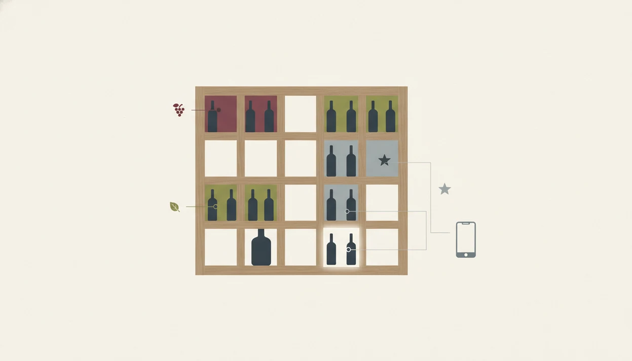 A simplified rack map shows bottle zones linked to an app-based cellar inventory plan.