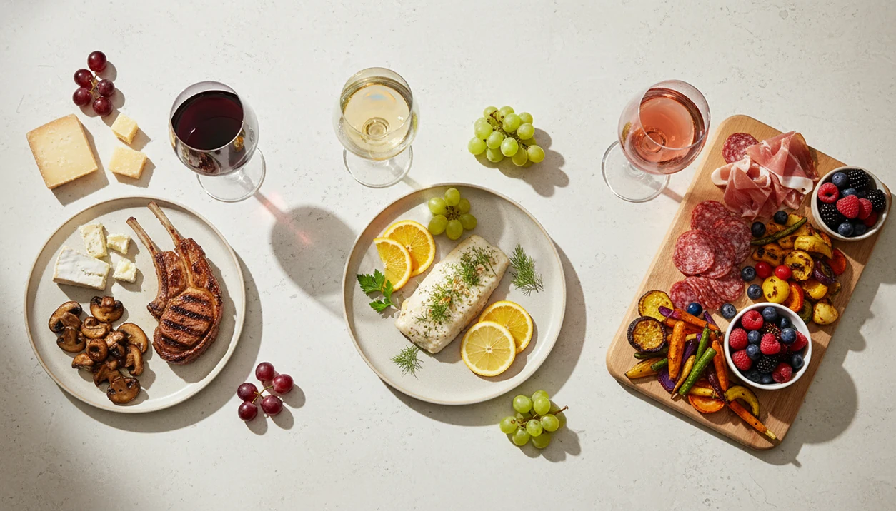 Different wines sit beside foods that suggest common grape variety pairing styles.
