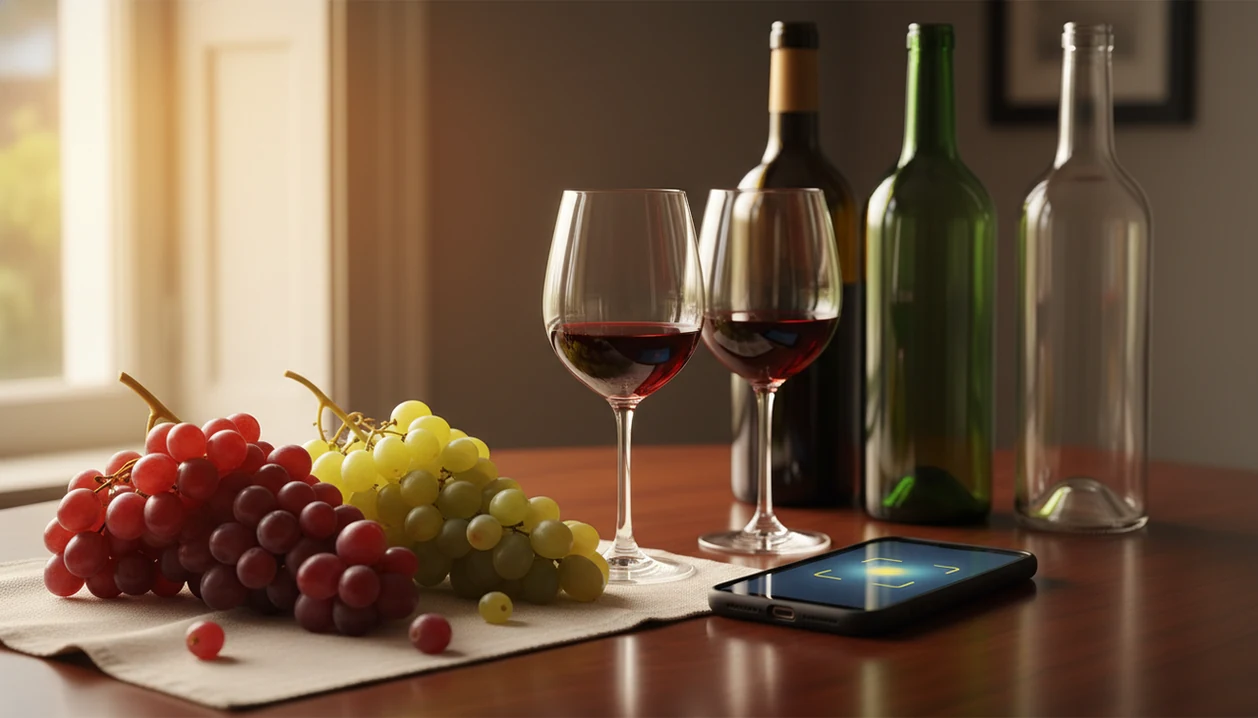 Wine bottles, grapes, glasses, and a phone suggest scanning labels to learn grape varieties.