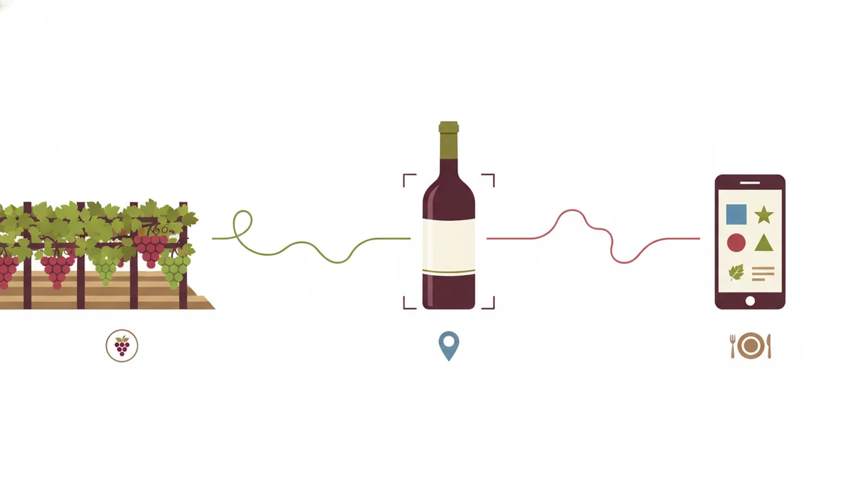 A simple diagram links vineyard grapes, a wine bottle, and an app scan result.