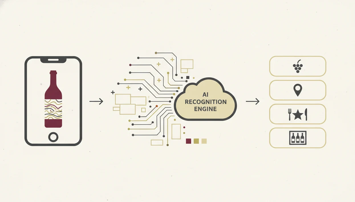 A clean diagram shows a phone camera turning a wine label scan into bottle details and pairing icons.
