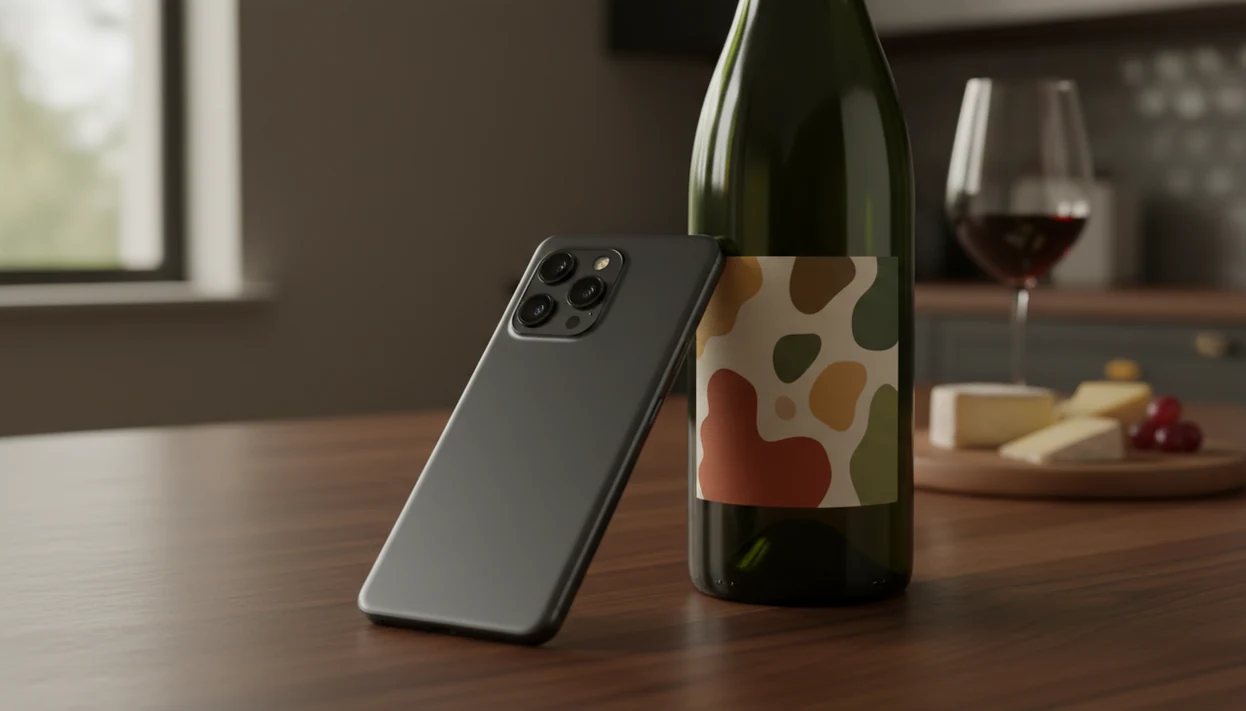 An Android phone scans an unreadable wine label on a dinner table with glasses and a corkscrew nearby.