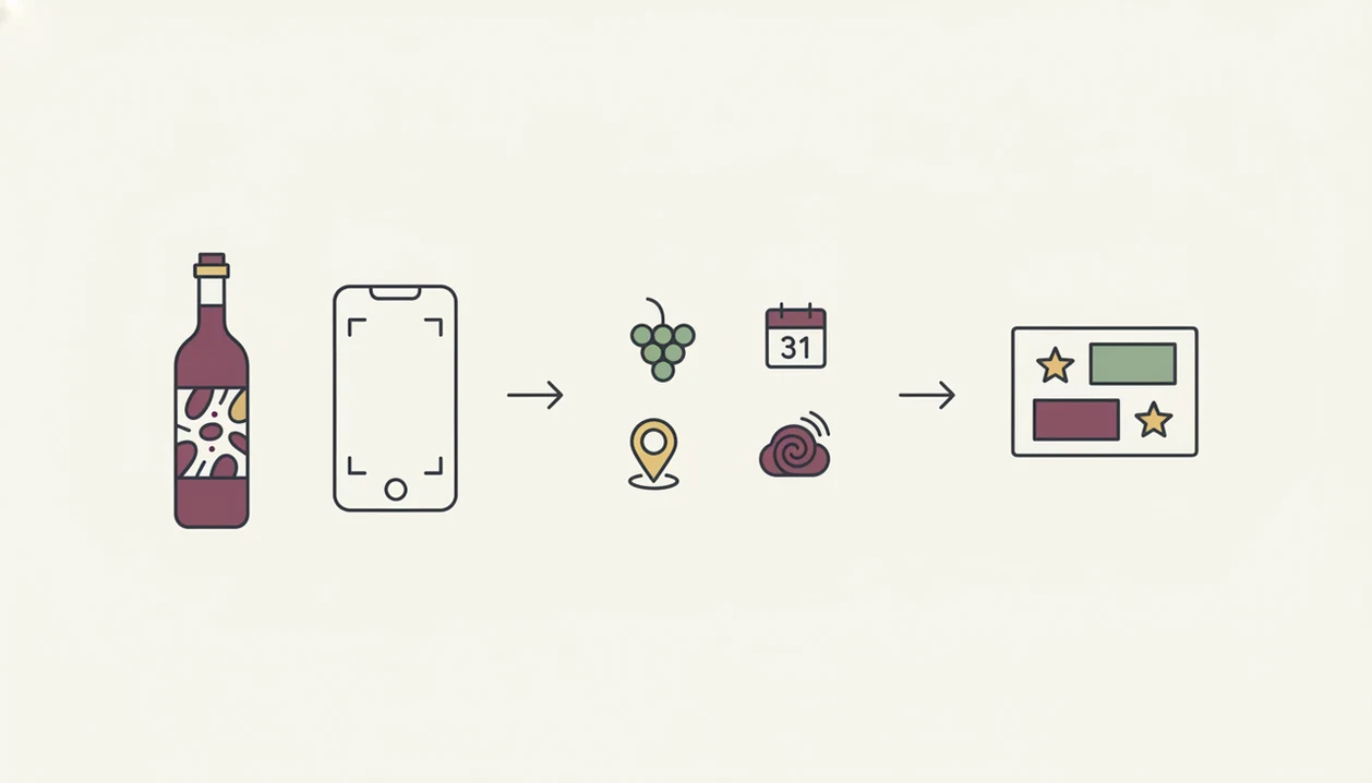A simple diagram shows a wine label turning into grape, region, vintage, tasting, and saved-bottle clues.