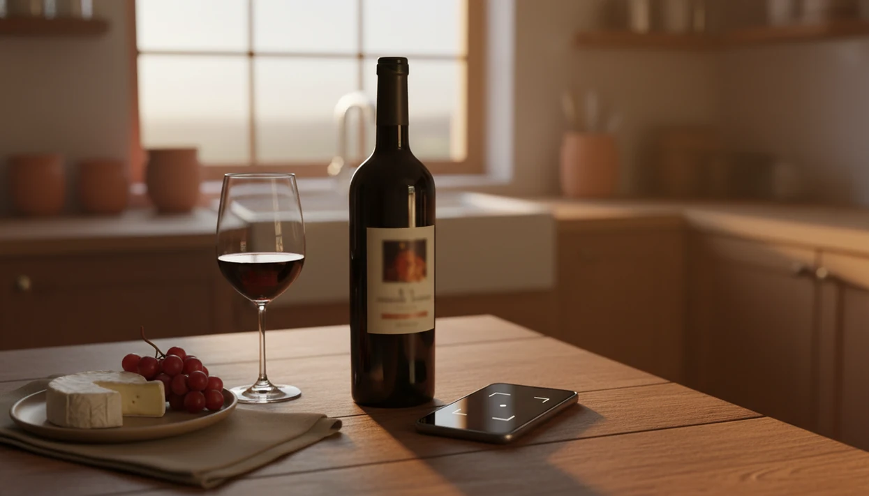 A phone scans an unreadable wine bottle label beside a glass, cheese, and grapes on a kitchen counter.