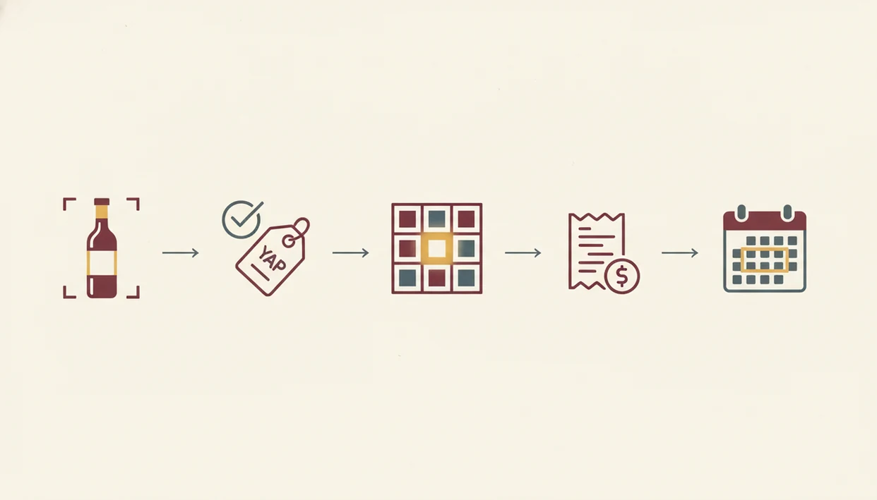 A clean five-step visual workflow for scanning, verifying, locating, valuing, and timing wine bottles.