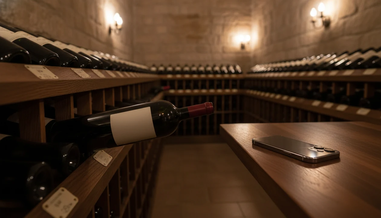 A high-value wine cellar with organized bottles and a smartphone ready for label scanning.