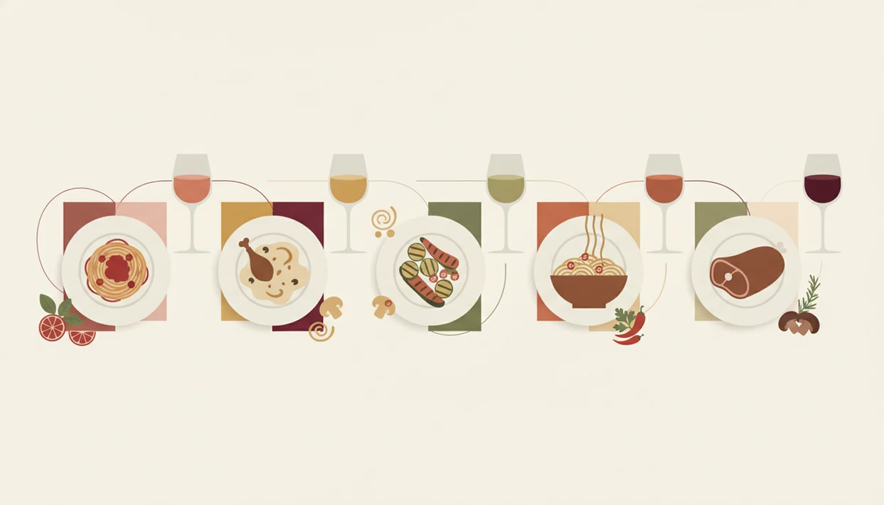An illustrated pairing chart shows five home meals connected to different wine glasses and flavor cues.