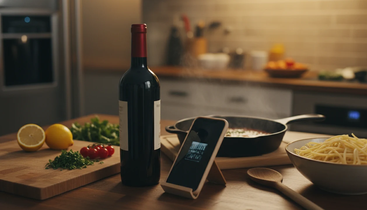 A kitchen counter shows a phone scanning an unreadable wine bottle beside ingredients and a simmering pan.