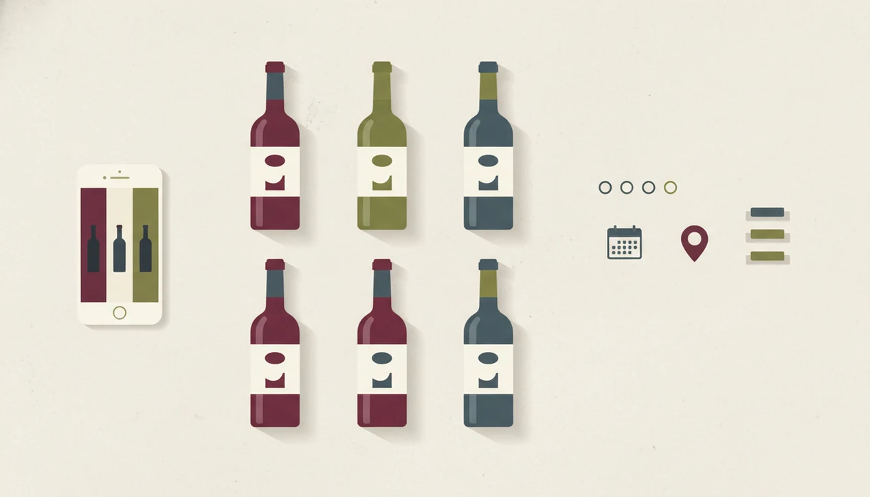 A clean flat-lay diagram shows wine bottles organized with rating, date, and shelf symbols beside a phone.