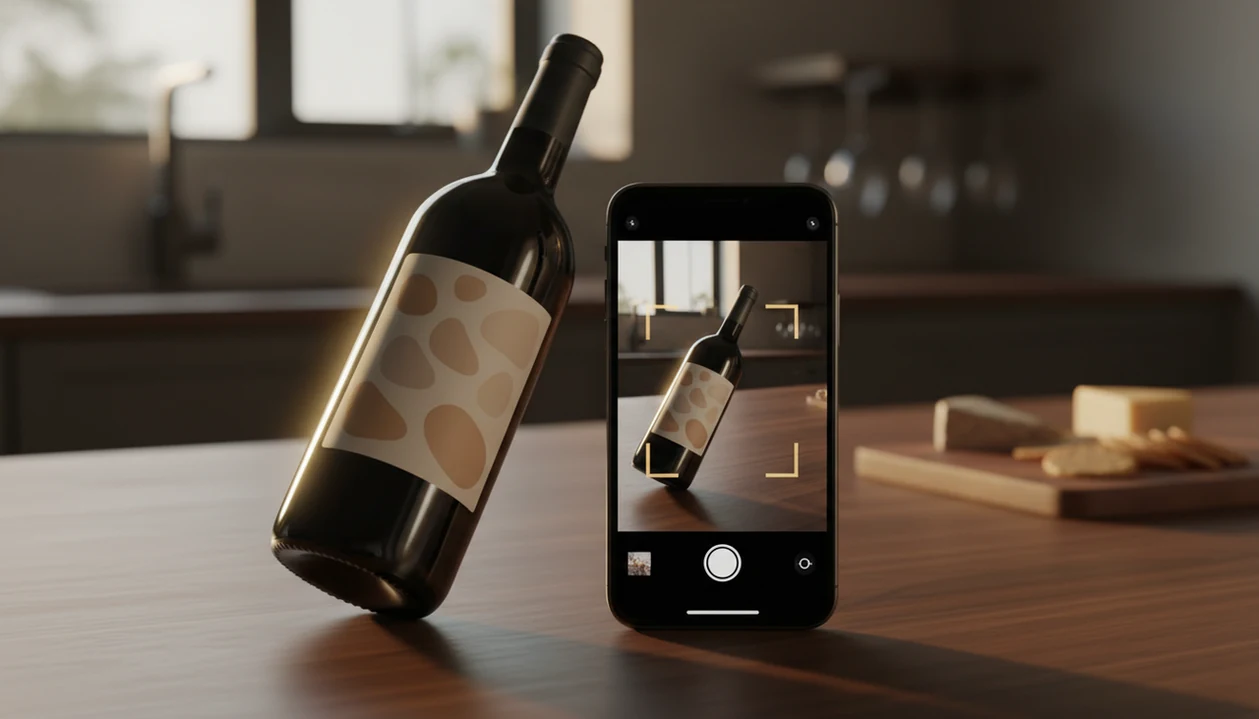 An iPhone scans a wine bottle label on a kitchen counter with pairing items softly blurred behind it.