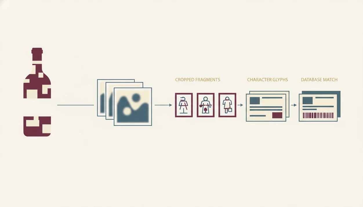 A clean diagram shows OCR turning a blank wine label image into abstract data and a database match.