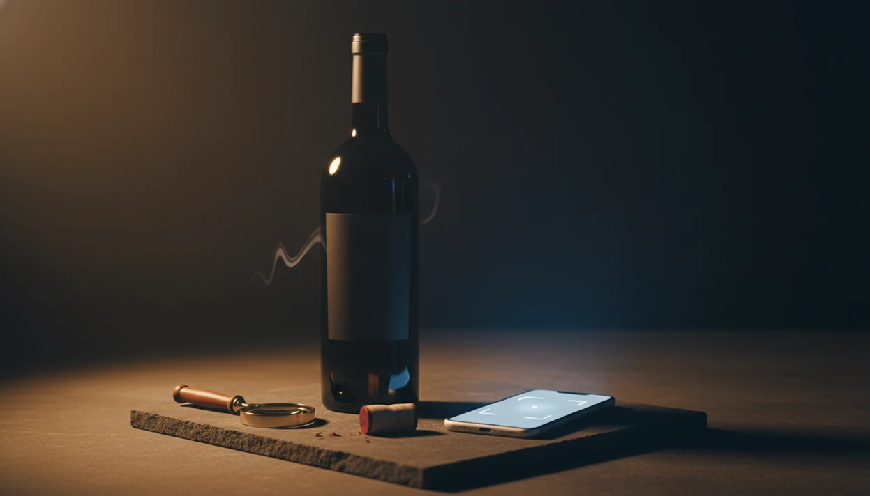 A wine bottle, phone glow, tasting glass, tag, and loupe suggest what label scans can and cannot prove.