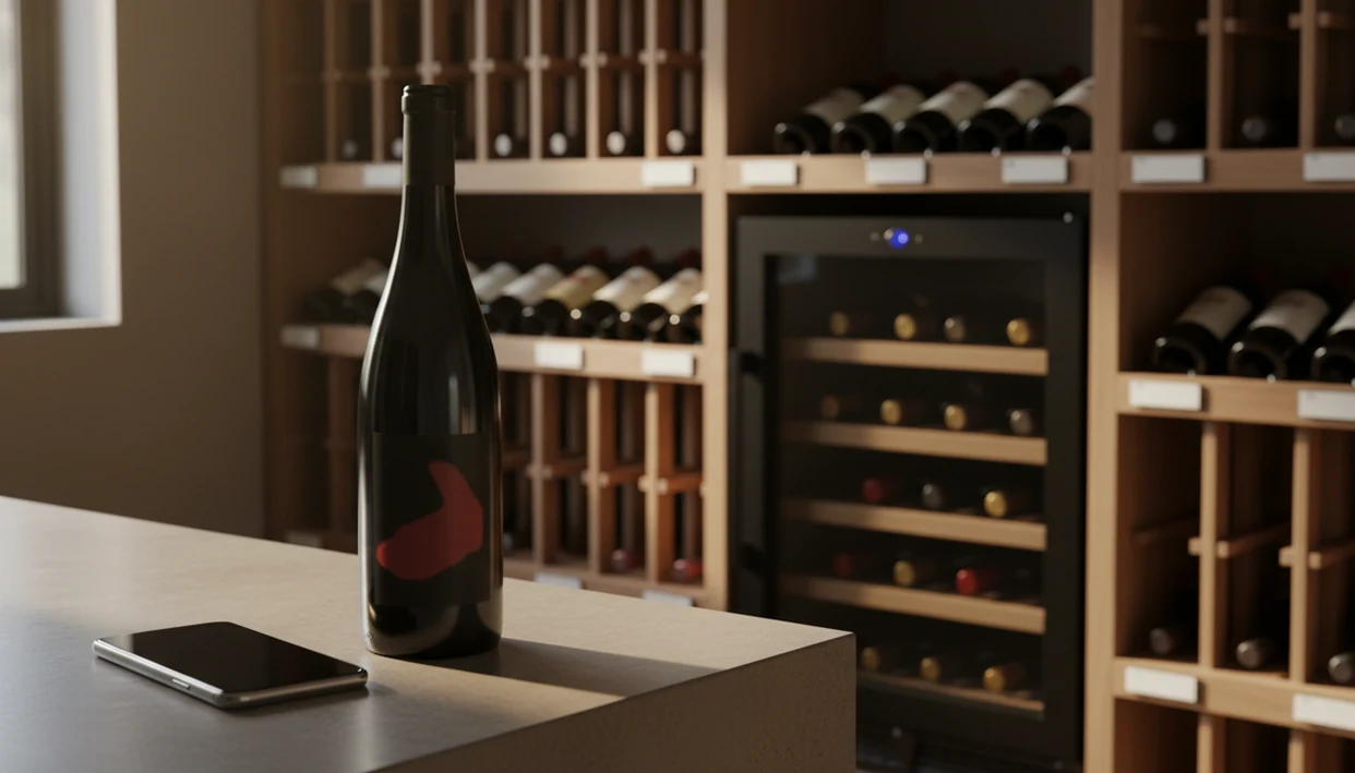 A phone and single wine bottle sit before an organized wine fridge and cellar rack, contrasting scanning with inventory.