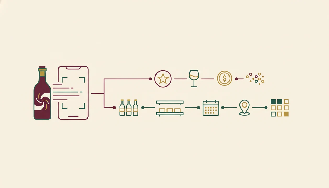 An illustrated workflow shows a scanned bottle branching into quick wine data and organized cellar records.