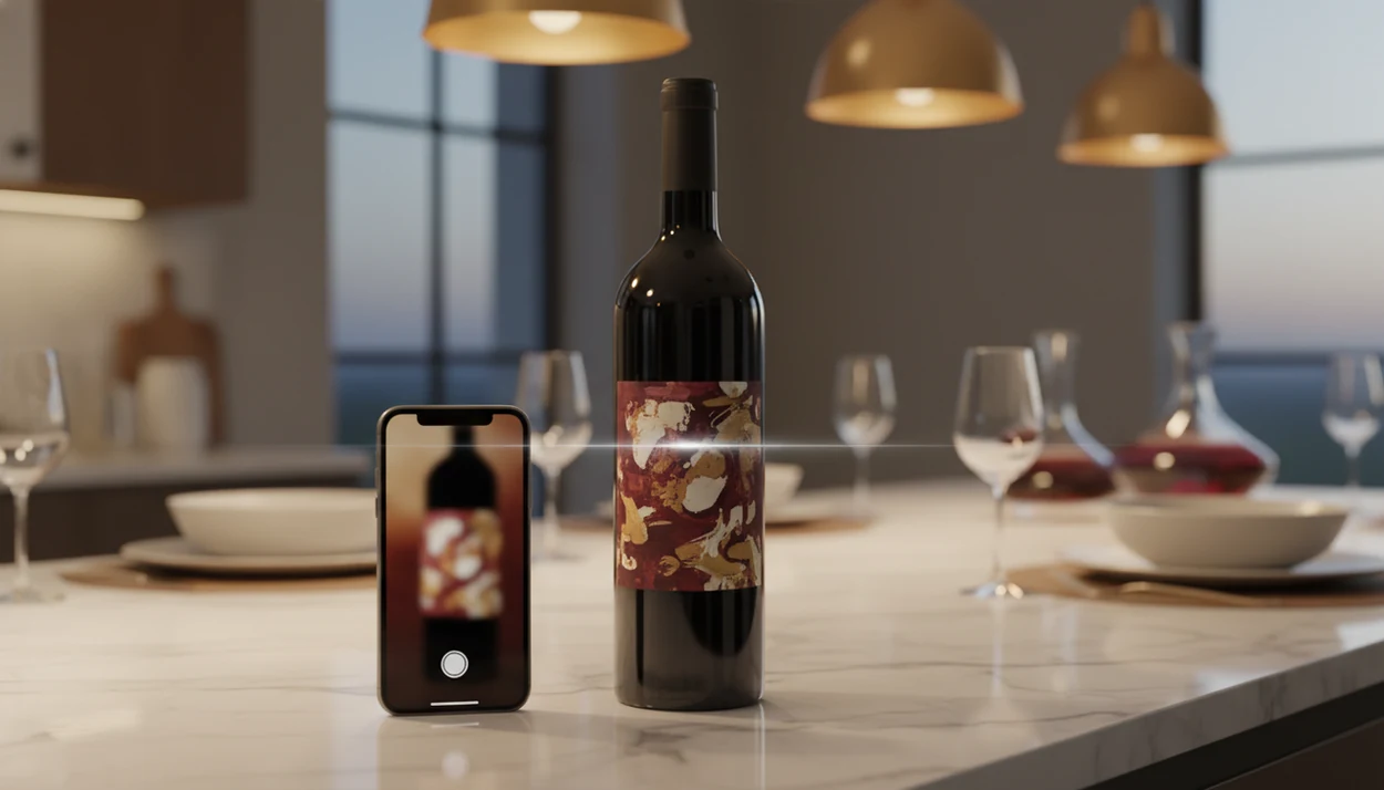 A smartphone camera frames an unreadable wine bottle label on a warm bar counter.