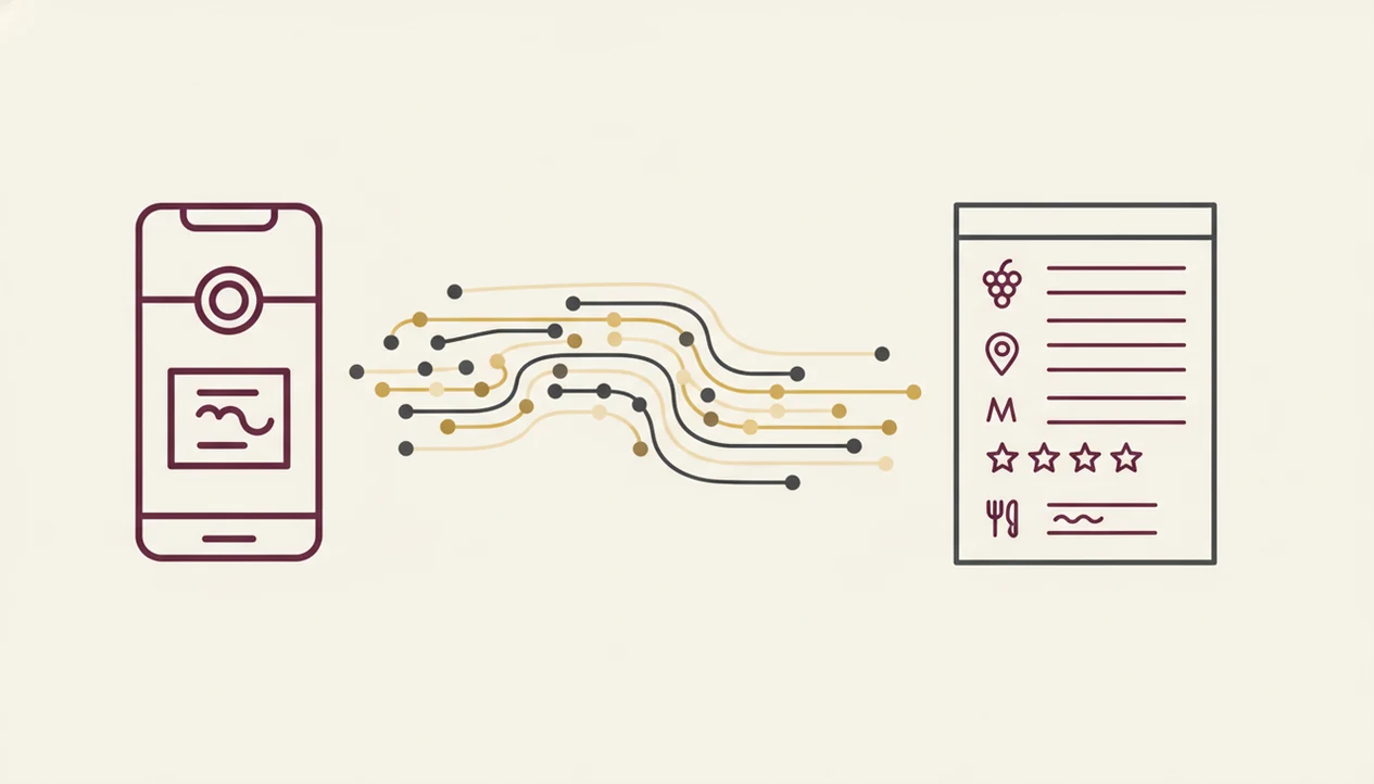 A simple visual workflow shows a wine label photo becoming structured bottle details.