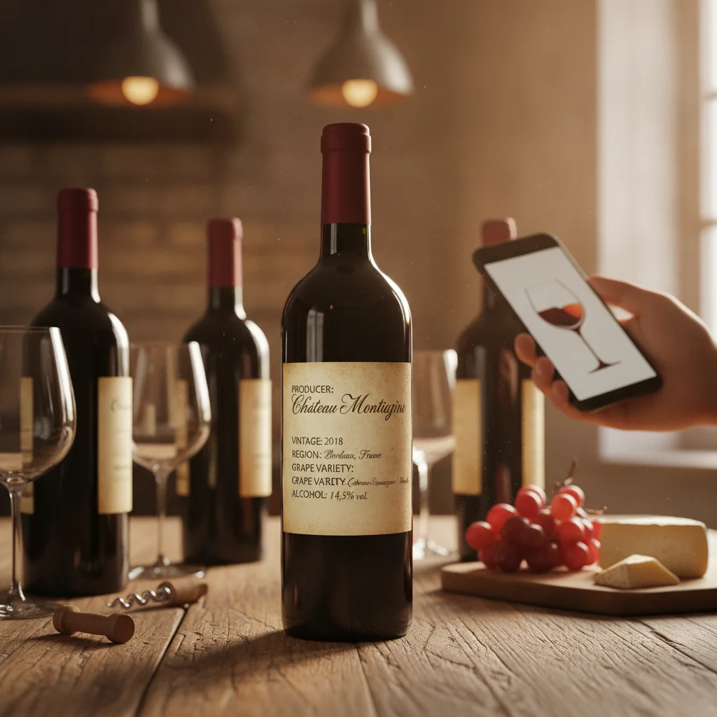 Wine bottle label showing producer, vintage, region, grape variety, and alcohol details