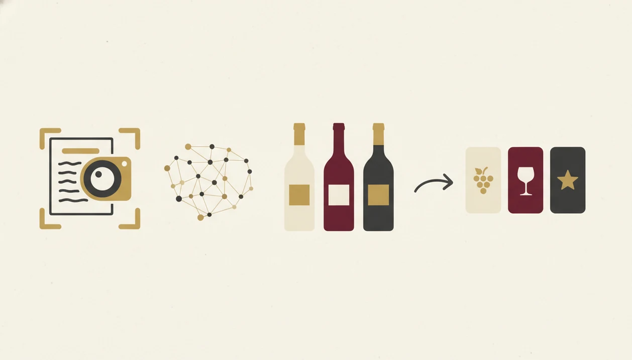 A clean diagram shows a wine list becoming scanned data and then a shortlist of bottle recommendations.