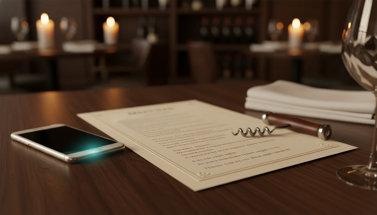 A phone scans an unreadable wine list while a sommelier stands nearby with a bottle at a restaurant table.