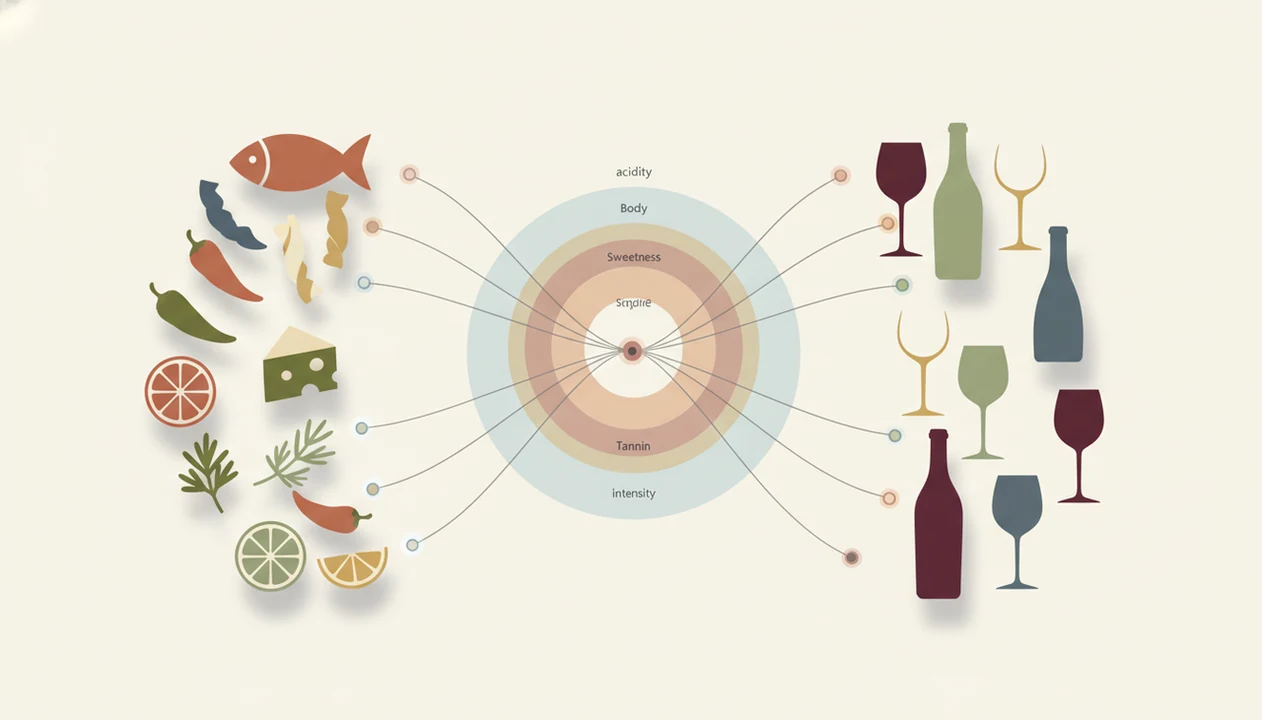 An abstract diagram connects meal ingredients to wine bottles through AI-style matching nodes.