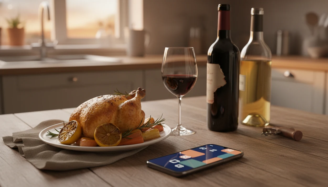 A dinner table with roast chicken, wine bottles, glasses, and a phone suggesting a bottle pairing choice.