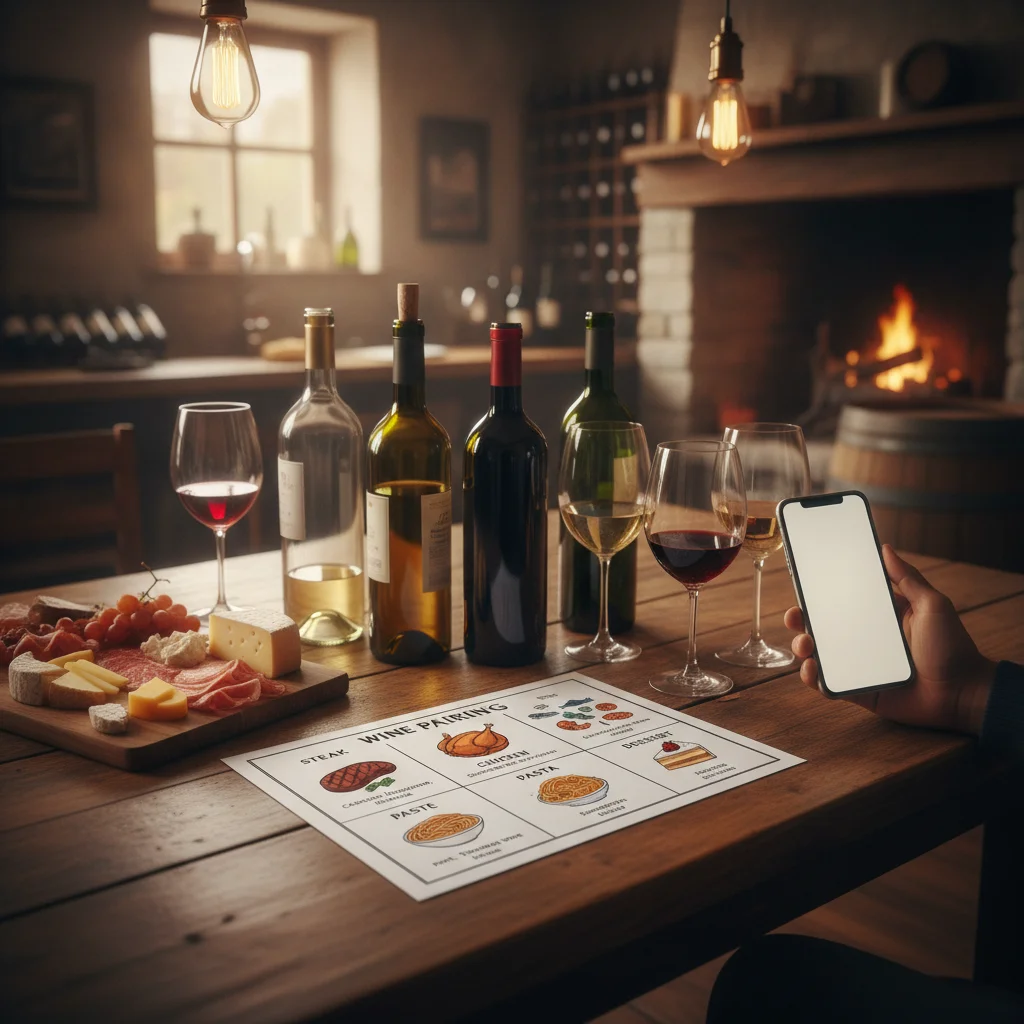 Wine pairing chart showing wines for steak, chicken, seafood, pasta, cheese and dessert