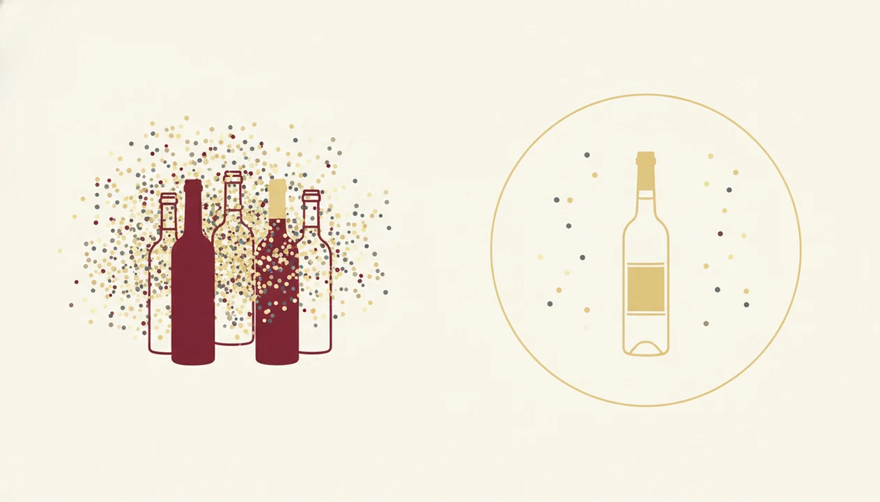 An abstract diagram contrasts dense wine pricing data with sparse evidence around a rare bottle.