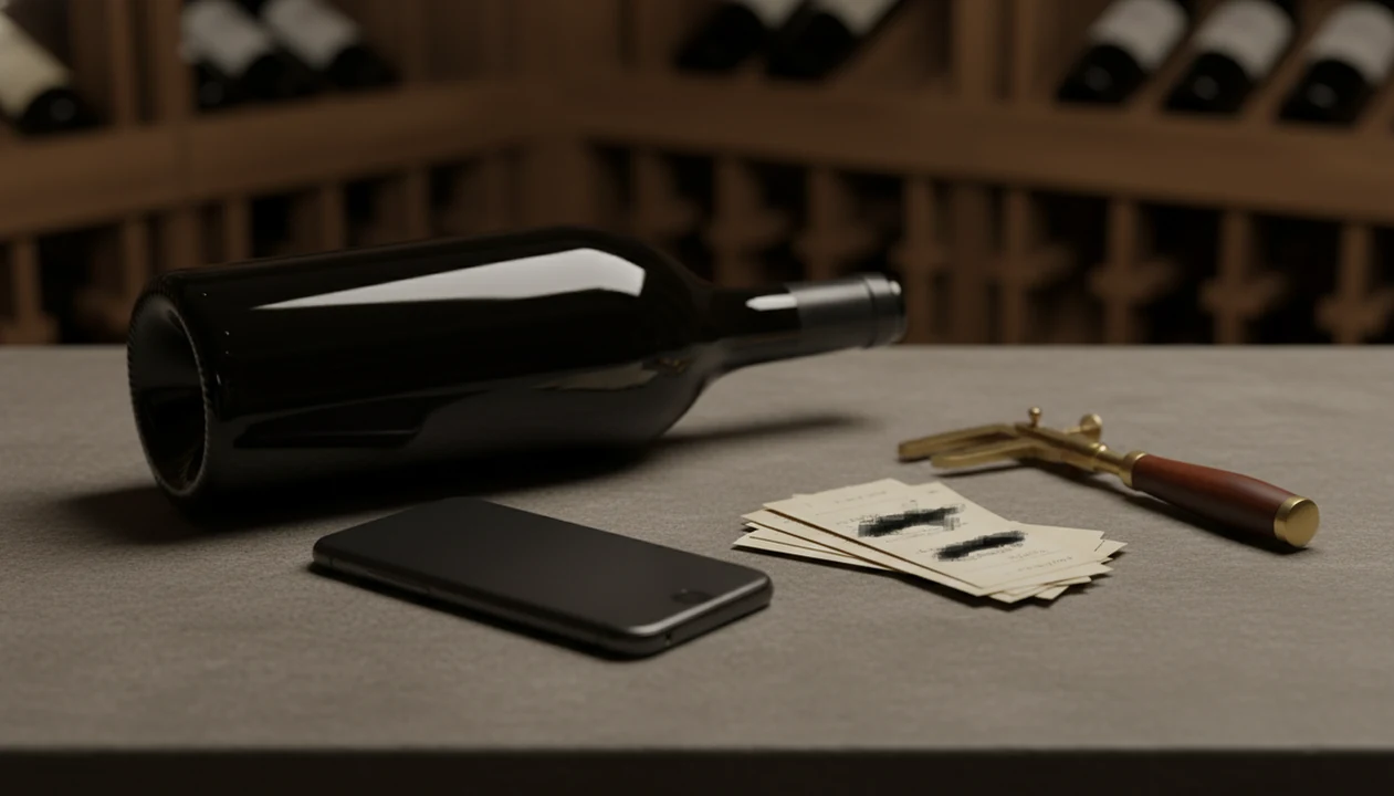 A wine bottle, blank phone, and blurred valuation papers suggest estimated pricing in a cellar setting.