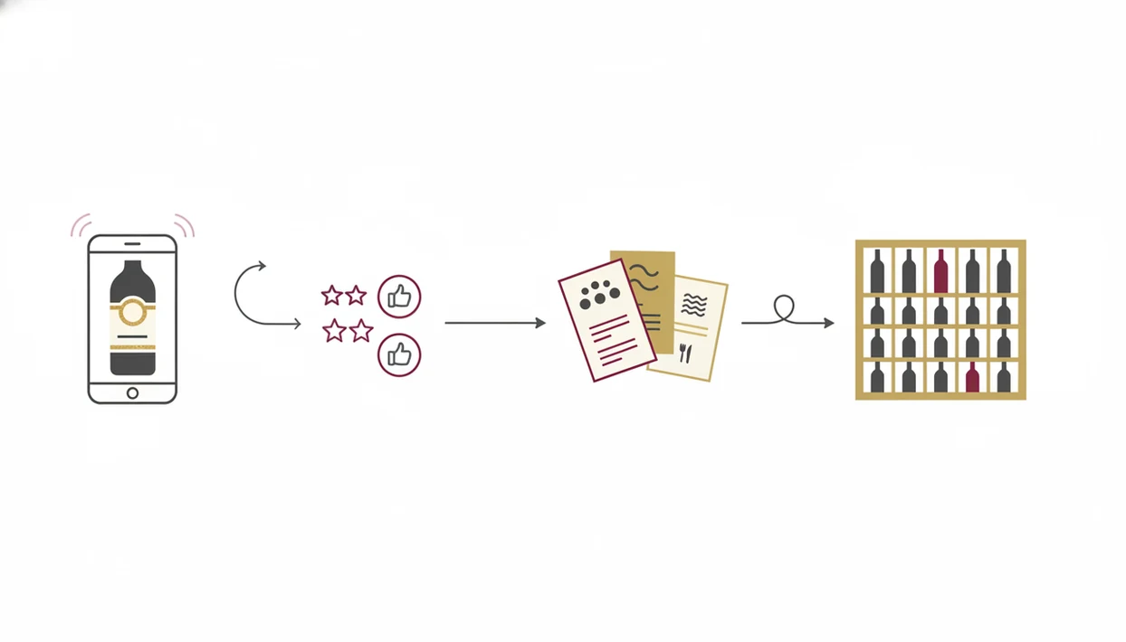 An illustrated workflow shows scanning, rating, note taking, and cellar organization working together.