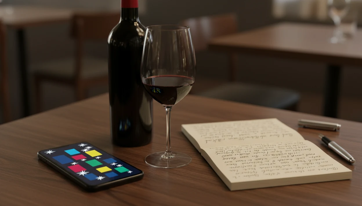 A wine bottle, phone, glass, and notebook show the contrast between quick ratings and personal tasting notes.
