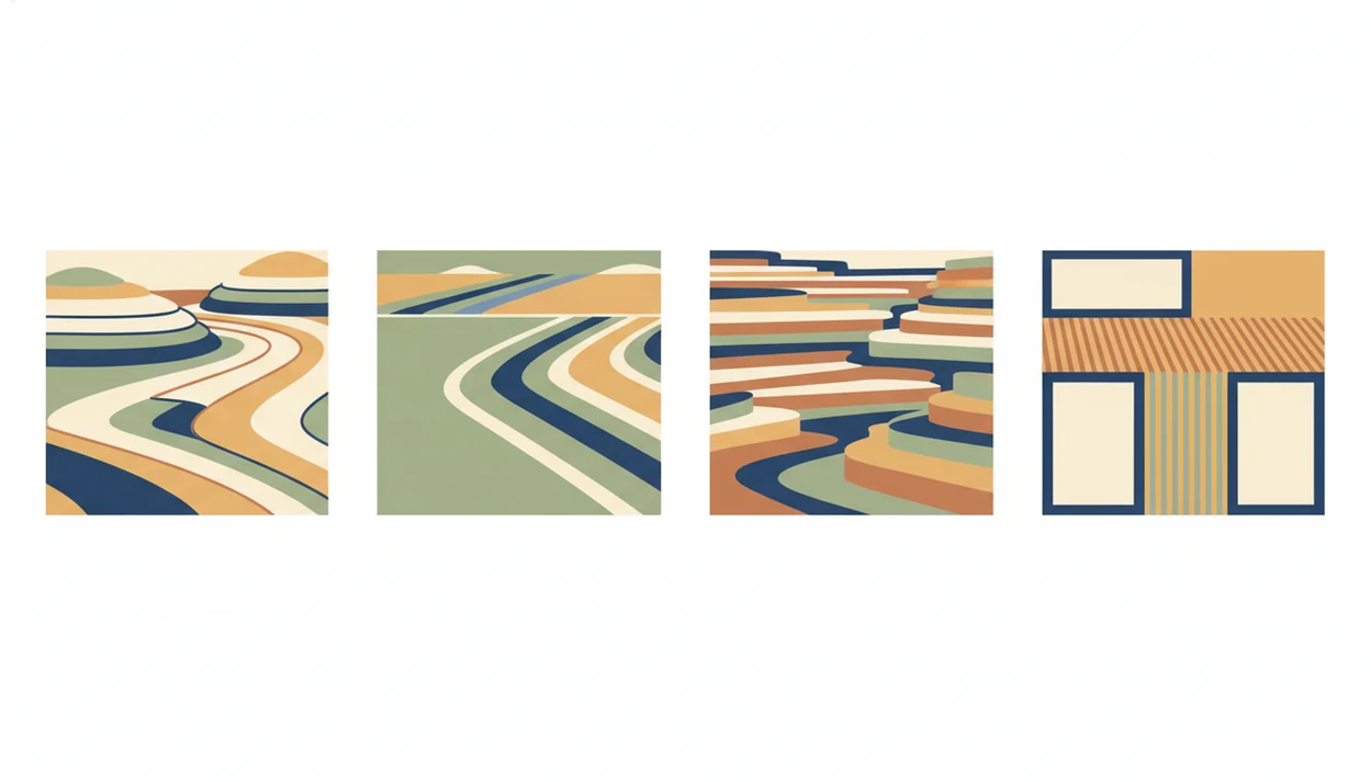 Four abstract vineyard panels compare different national appellation systems without using text.
