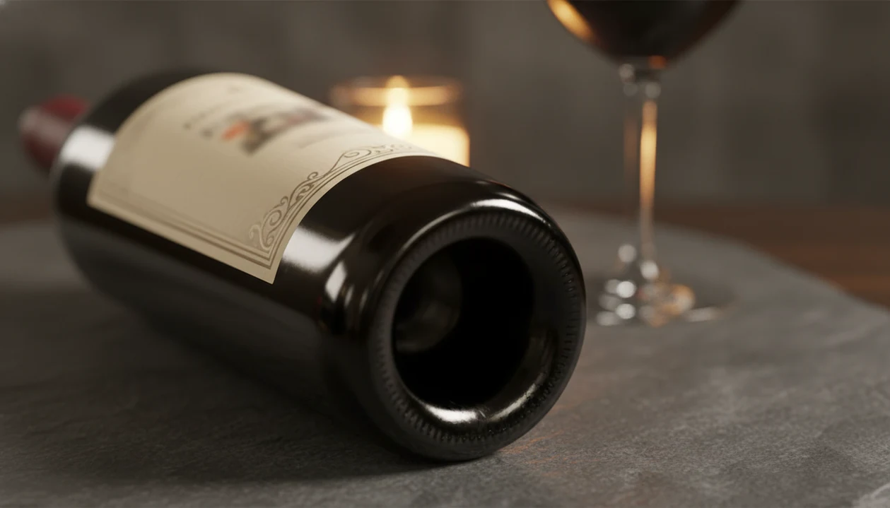 A close view of a wine bottle label highlights the small area where appellation details are usually printed.
