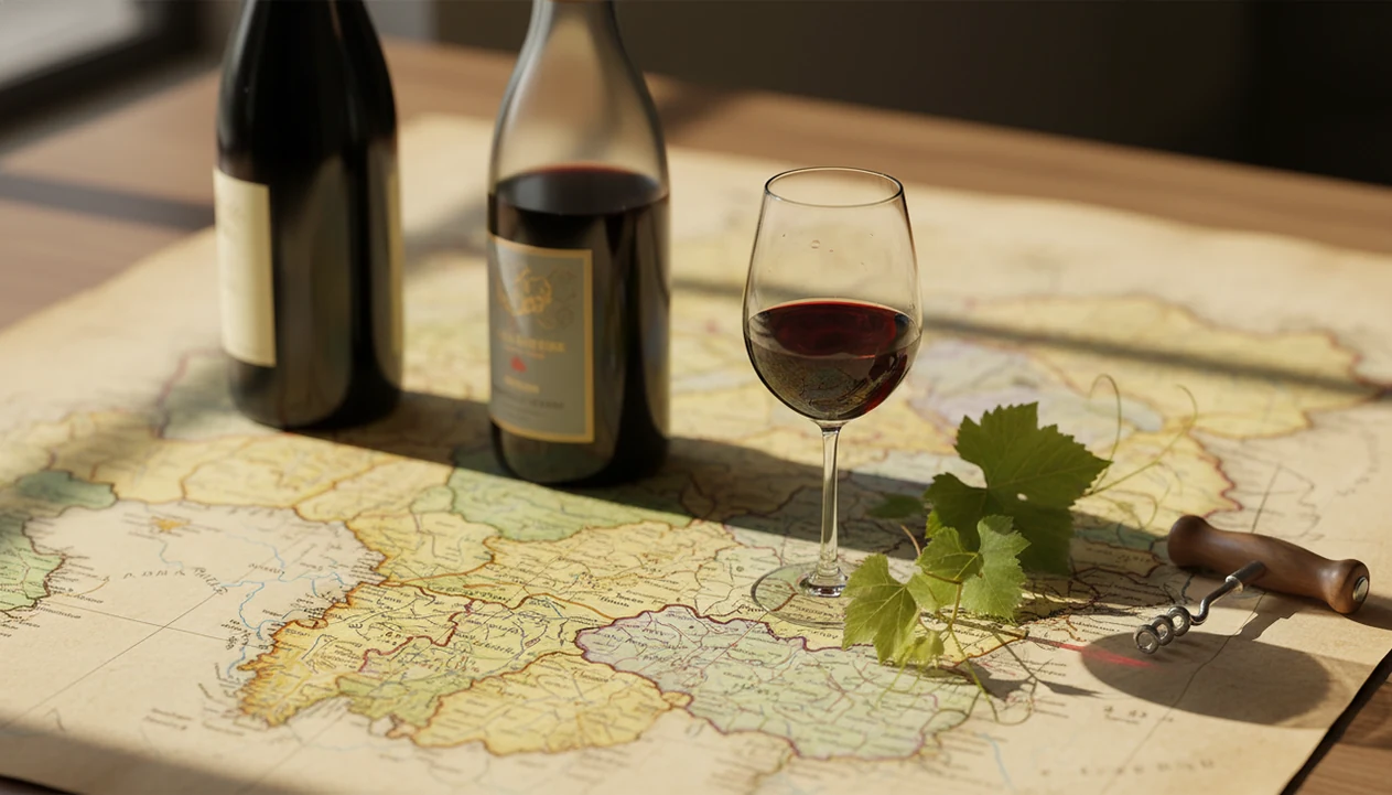 Wine bottles, a glass, corks, and a textless map suggest how regions shape what appears on labels.