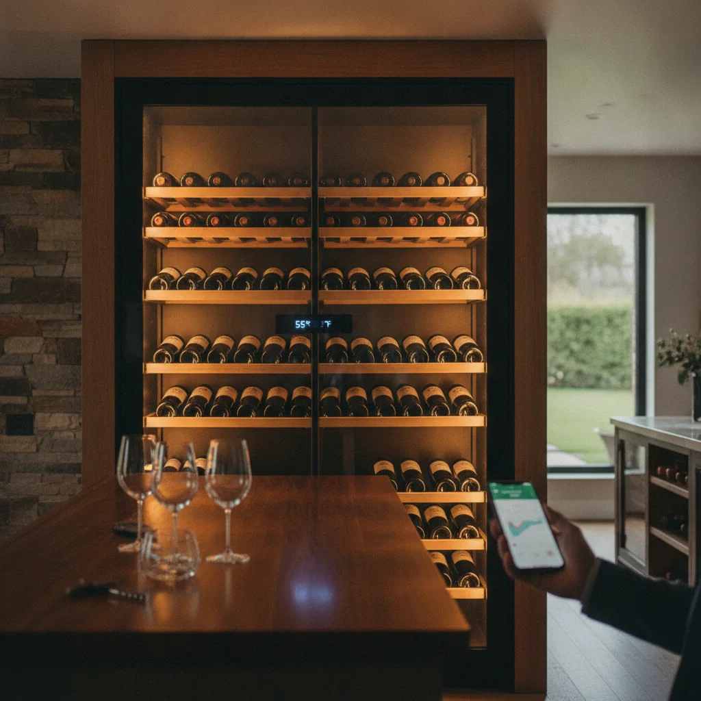 Wine bottles stored horizontally in a temperature-controlled home cellar