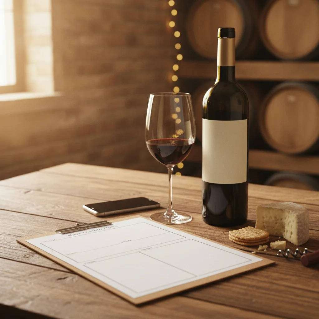 Wine tasting notes template beside a wine bottle and glass