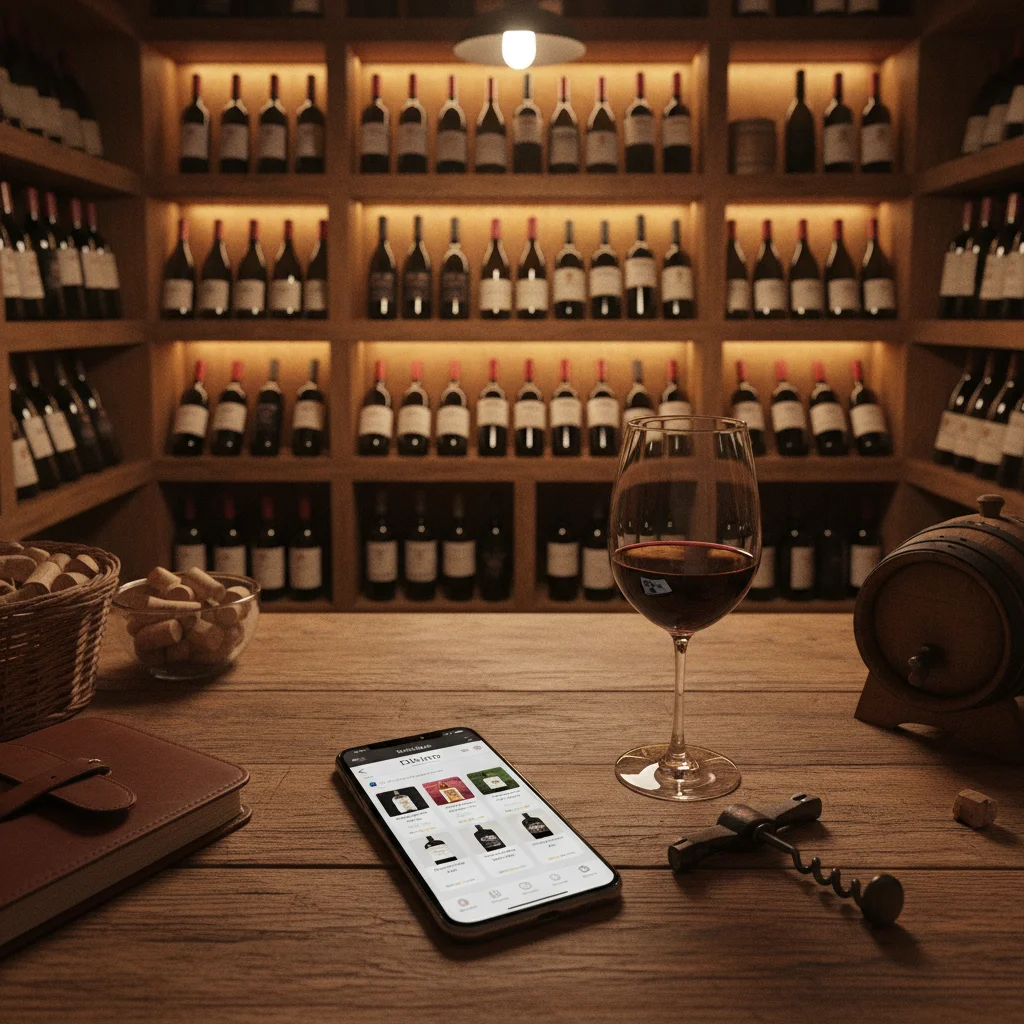 iPhone displaying the DiVino wine tracking app beside bottles organized in a home cellar
