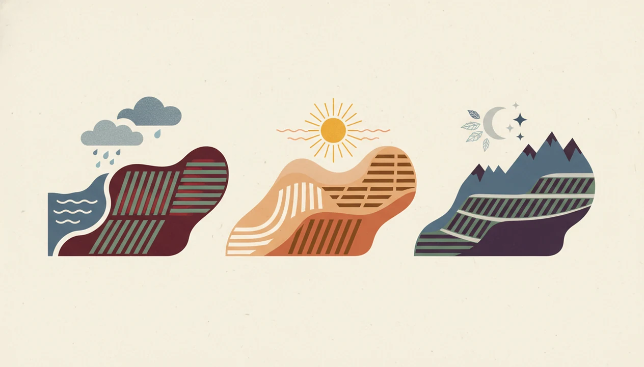 An illustrated map shows three wine regions with different weather conditions over vineyard rows.