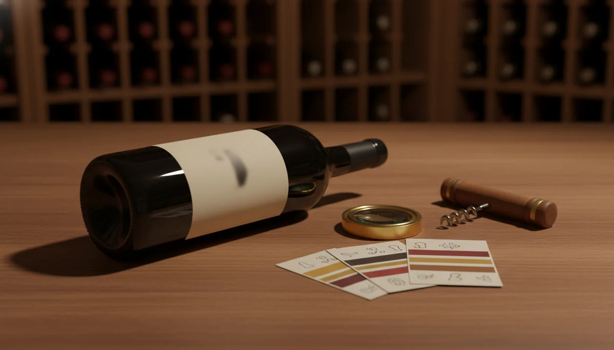 A wine bottle, magnifying glass, cork, and blurred vintage charts sit on a cellar table.